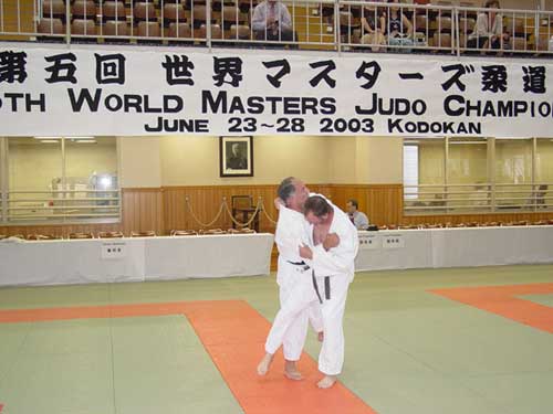 Bill Gaffney (instructor at Encino Judo Club) performing osotogari on Steve Hoyt (instructor at Santa Barbara Judo Club) in practice at the Kodokan
